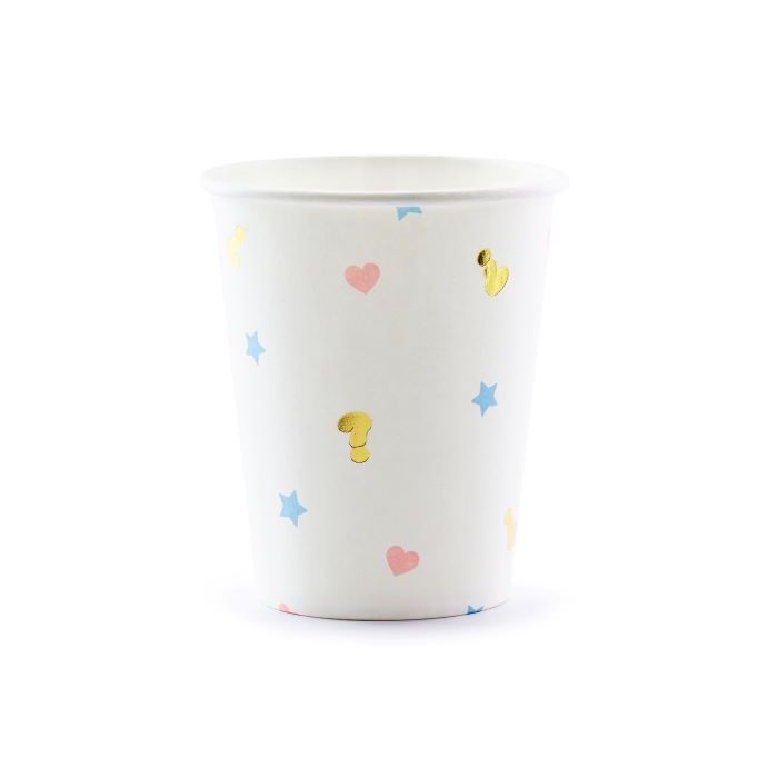 Weiße Gender-Reveal-Pappbecher mit Motiven 6x - 200 ml