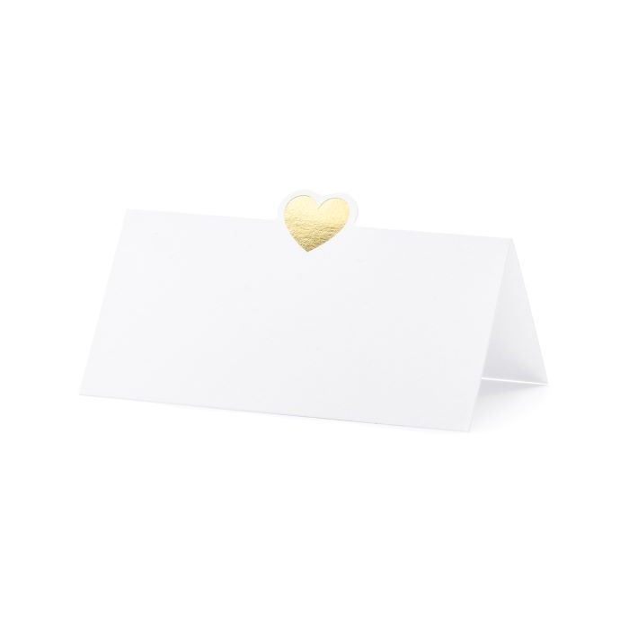 Weiße Tischkarte mit goldenem Herzmotiv 10x - 10x5 cm