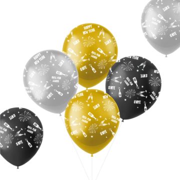 Silvesterballons schwarz, gold und silber 6x