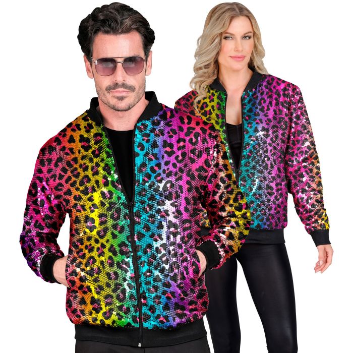 Pailletten-Bomberjacke mit Leopardenmuster in Regenbogen