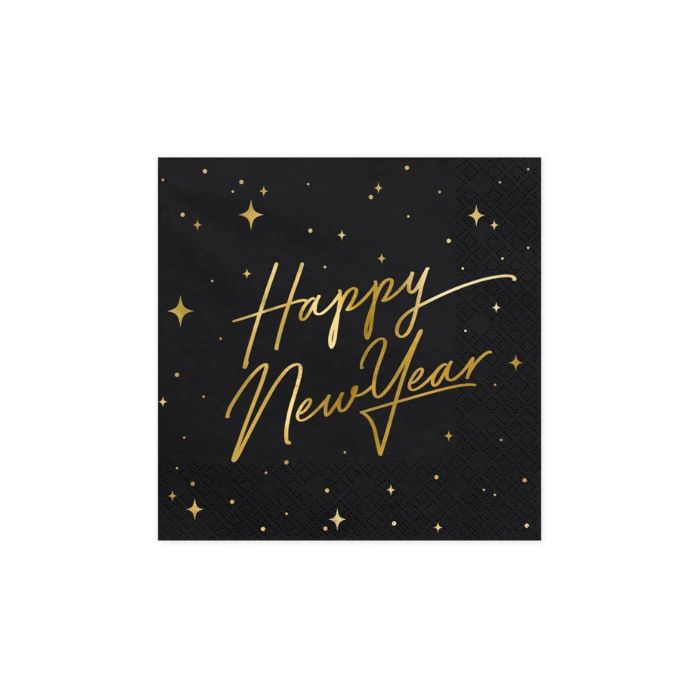 Silvester Servietten Happy New Year schwarz 20x - 33x33 cm