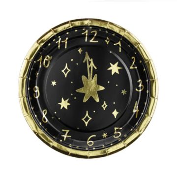 Einwegteller Silvester um 12 Uhr schwarz 6x - 18cm