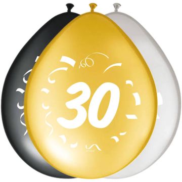 30 Jahre Ballons Schwarz, Gold und Silber 8x - 30 cm