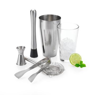 Cocktail Set inkl. Shaker, Glas, Sieb, Messlöffel und -becher, Eiszange