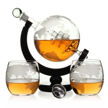 Whisky Dekanter Globus mit Gläsern, 850 ml + 21 cm