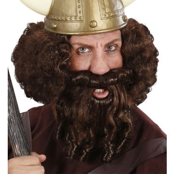 Lockige braune Perücke mit Bart