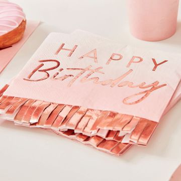 Servietten "Happy Birthday" mit Fransen - Roségold & Pink - 16x