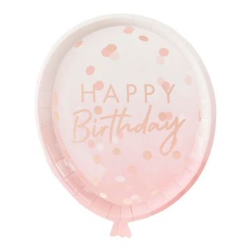 Pappteller "Happy Birthday" in Ballonform Roségold - 8 Stk. 29x24 cm