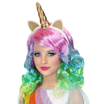 Regenbogenperücke mit Einhorn-Horn Haarband für Kinder