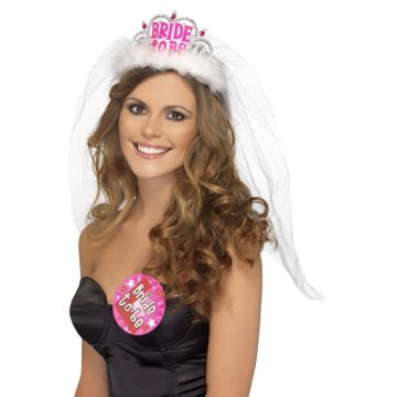 Weißes und rosa 'Bride to be' Diadem mit Schleier in Einheitsgröße