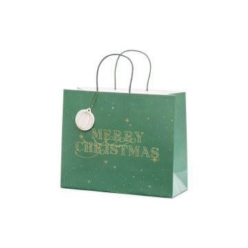 Grüne Weihnachtsgeschenketasche mit goldener Schrift - 32,5x26,5x11,5 cm