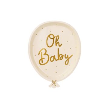 Ballonförmige weiße Pappteller mit goldenen Punkten und goldener Schrift 6x - 22x17,5 cm