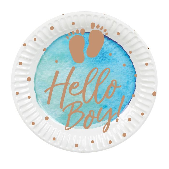Weiße und blaue Pappteller mit Aufschrift für Jungen 10x - Ø 23 cm