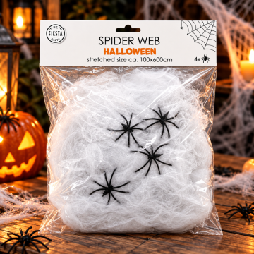 Weißes Spinnennetz 60 g mit Spinnen - 1x6 Meter