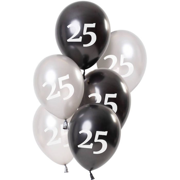 25 Jahre Ballons Metallic Schwarz Und Silber 6x - 23 cm