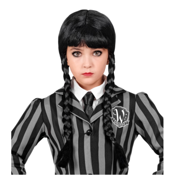 Schwarze Perücke mit Zöpfen und Pony für Kinder