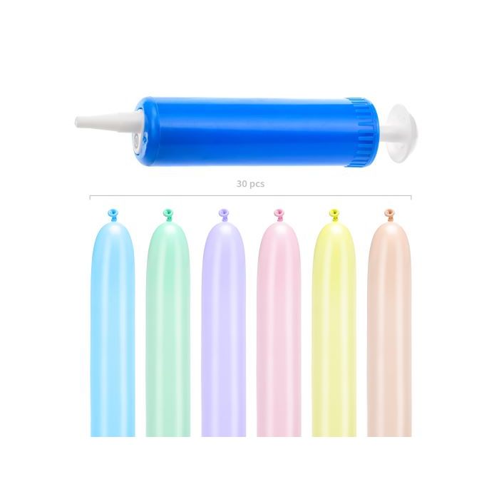 Modellierbares Ballontier-Kit mit pastellfarbenen Ballons und Pumpe 30 Teile - 130 cm