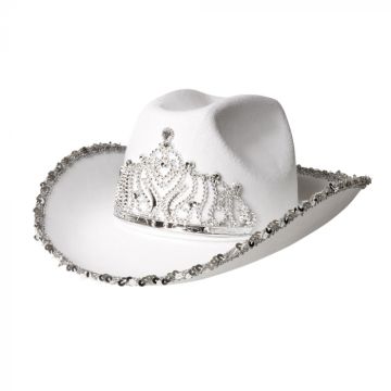 Weißer Glitzer-Cowboyhut mit funkelnder Tiara 